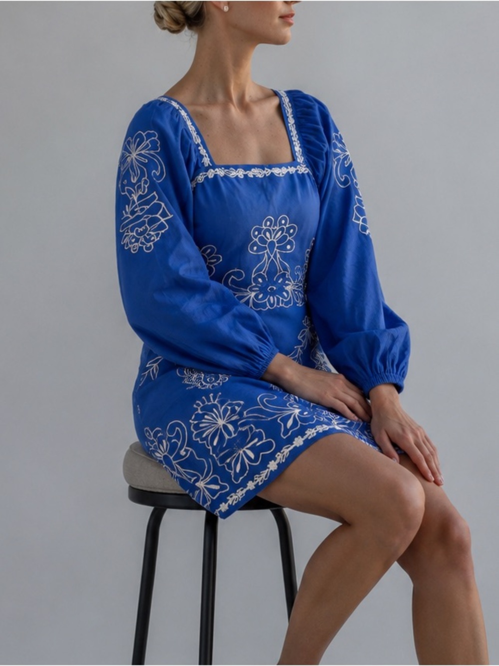 🆕🫐Adrianna Papell Blue White Embroidered Boho Dress Cotton Cottagecore Size 12
